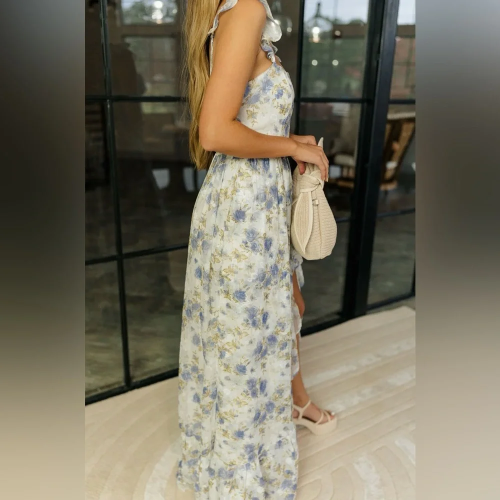 SOLD NWT BLUE AND WHITE FLORAL MAXI RUFFLE DRESS WITH SLIT - FORMAL DRESS - Picture 10 of 15
